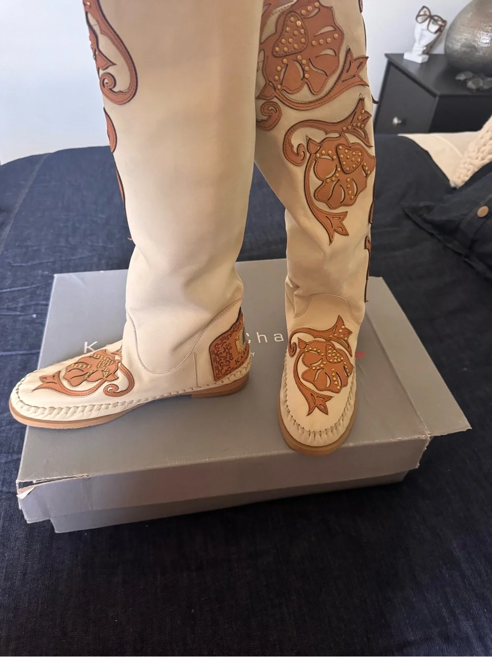 Free People Cream Over-the-Knee Boots with Tan Floral Applique